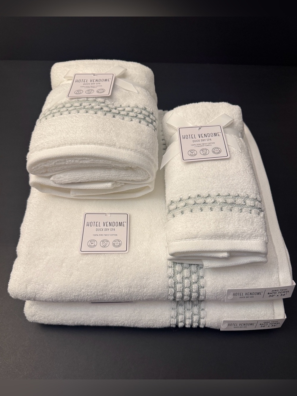 6pc HOTEL VENDOME Quick Dry Spa 100% Zero Twist Cotton Bath Towel Set -Wht/Green